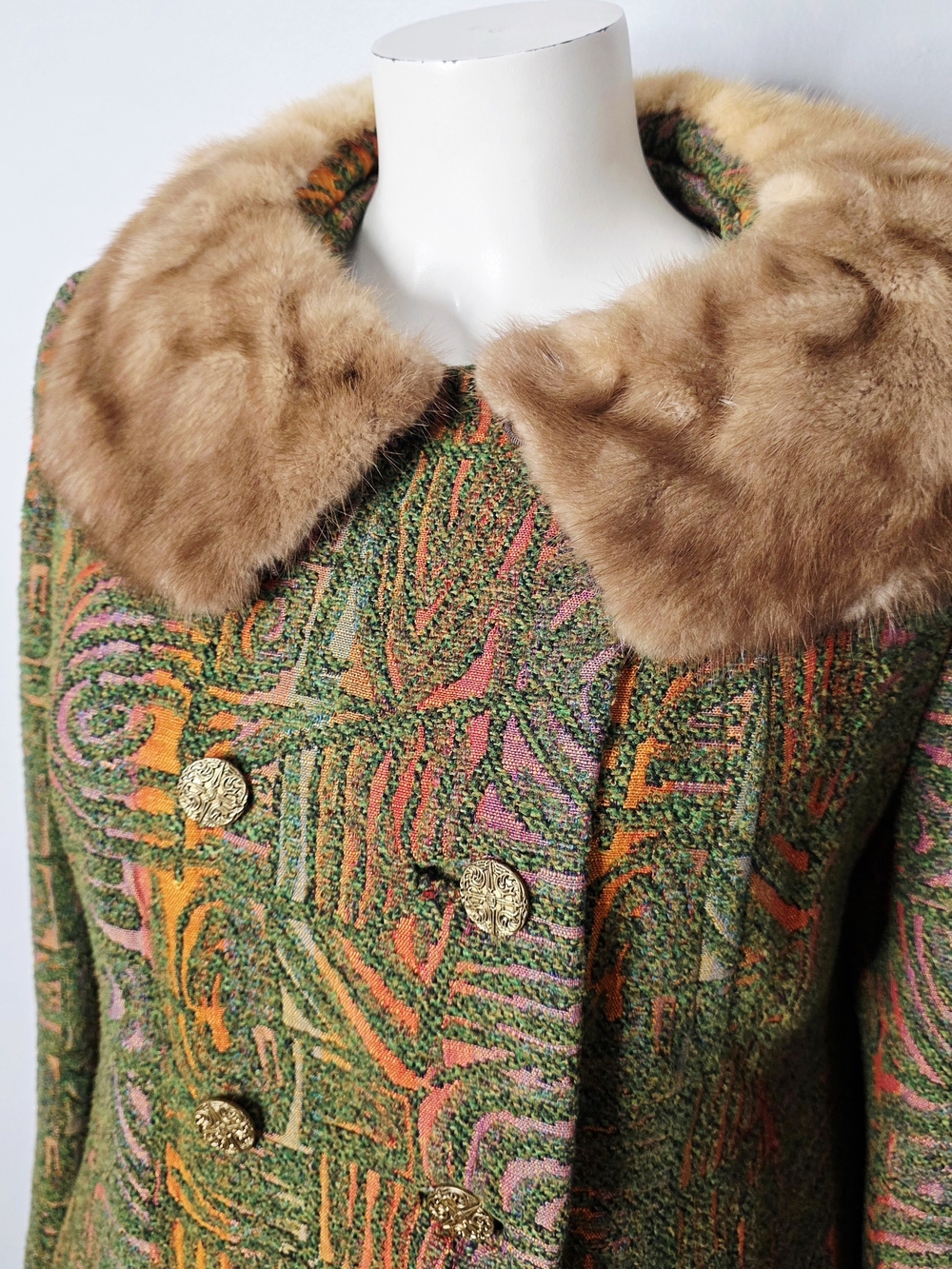 Vintage 1960s Mod Brocade Tapestry Coat with Real Fur Collar - Picture 2 of 7